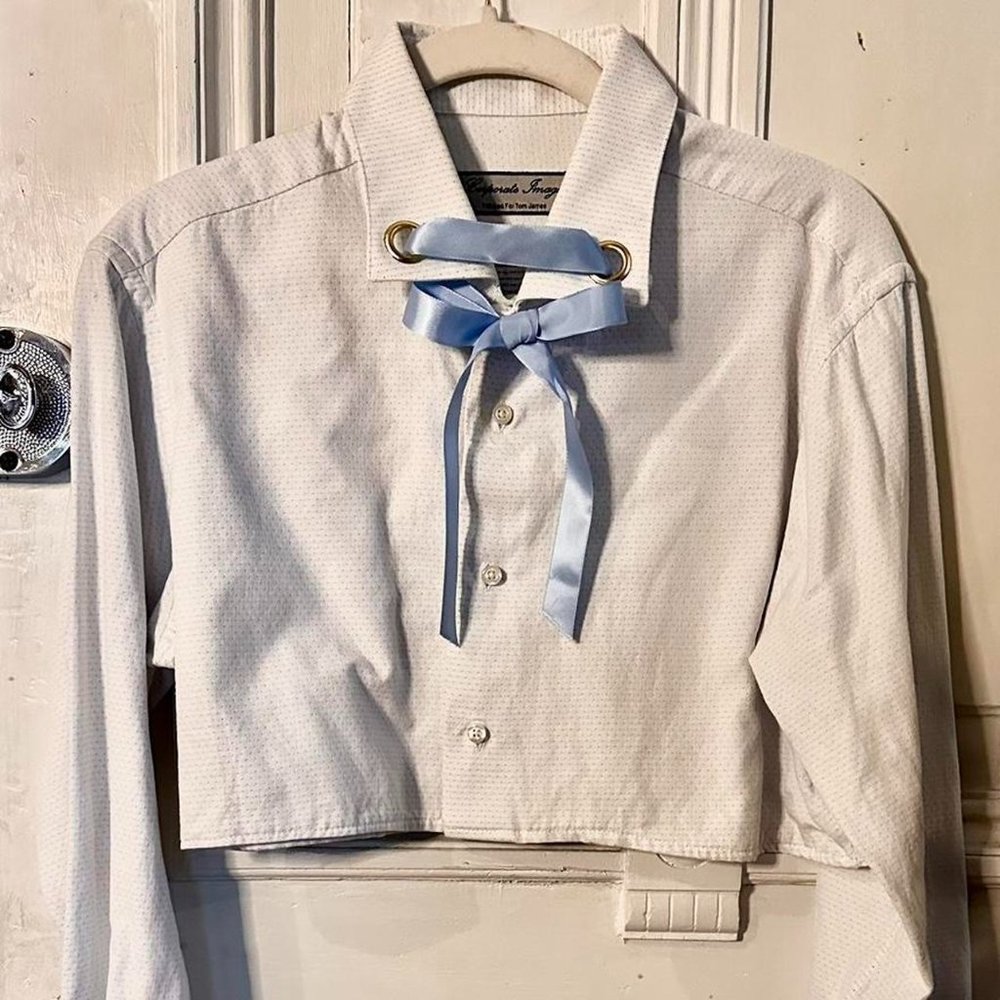 Upcycled dress shirt with tiny blue polka dots and ribbon bow